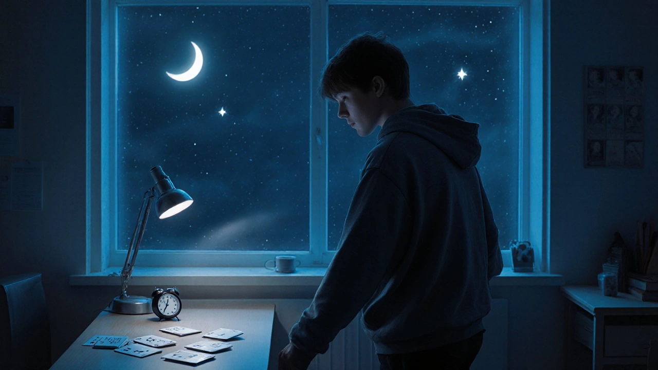 Student walking away from study desk at night, calm and rested, moonlight shining through window.