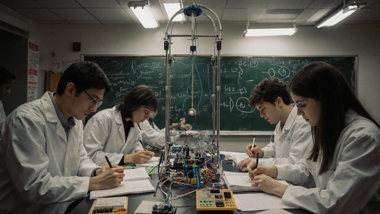 Students conducting a physics practical with sensors and lab equipment.