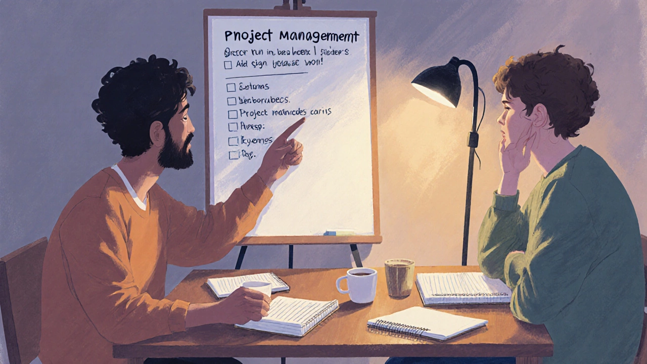 Three adults collaborating over notebooks and a whiteboard, discussing a practical learning task.