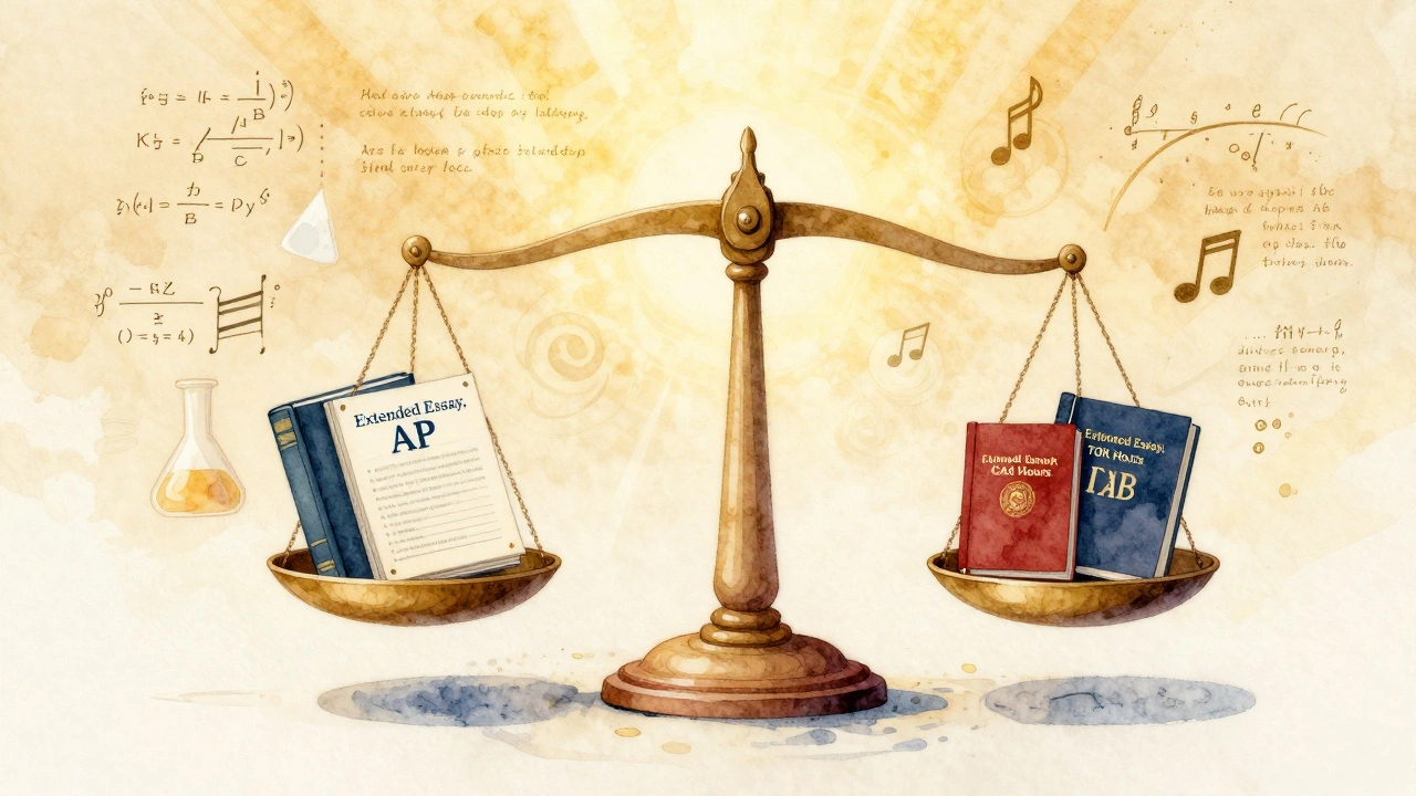 A balanced scale with AP and IB academic elements floating in midair, illuminated by golden light, symbolizing equal academic value.