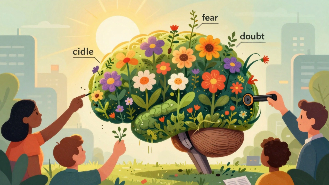 A brain garden with new skills blooming as flowers while fear and doubt fade away.