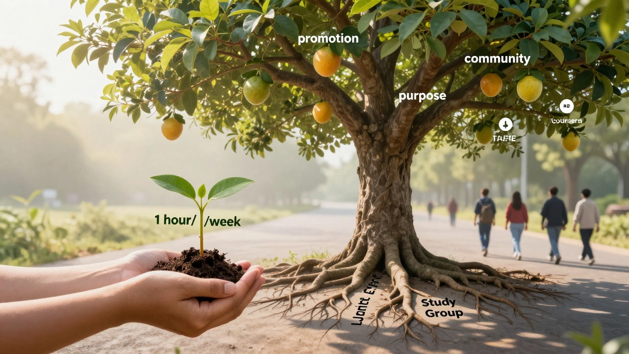 A seedling grows into a tree bearing rewards of learning, rooted in accessible education paths.