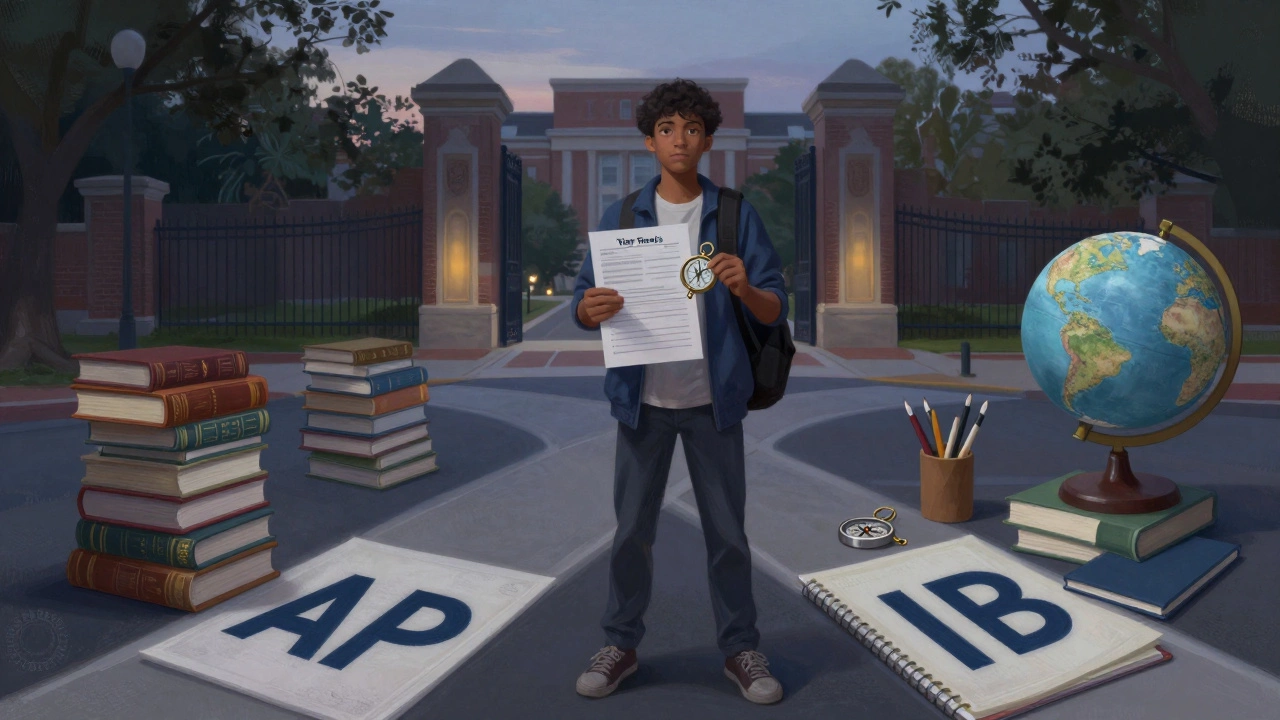 A student at a crossroads between AP and IB paths, with Yale’s gate in the distance, holding a compass instead of a checklist.