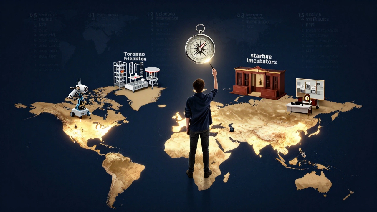 A student holding a compass pointing to diverse career paths tied to specialized universities.