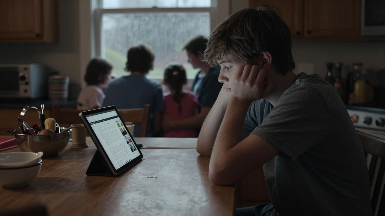 A student sits alone with an unresponsive online lesson, looking confused and isolated.