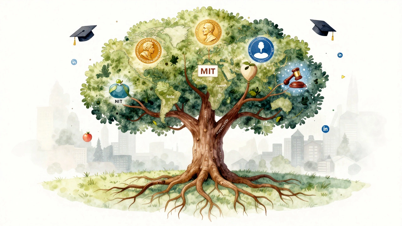 A watercolor tree with branches symbolizing top universities and their unique contributions.