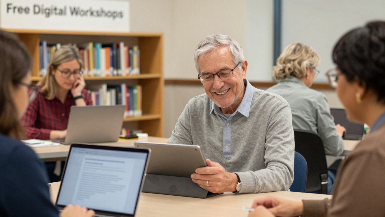 An older adult smiles while completing a digital course at the library, surrounded by other learners.