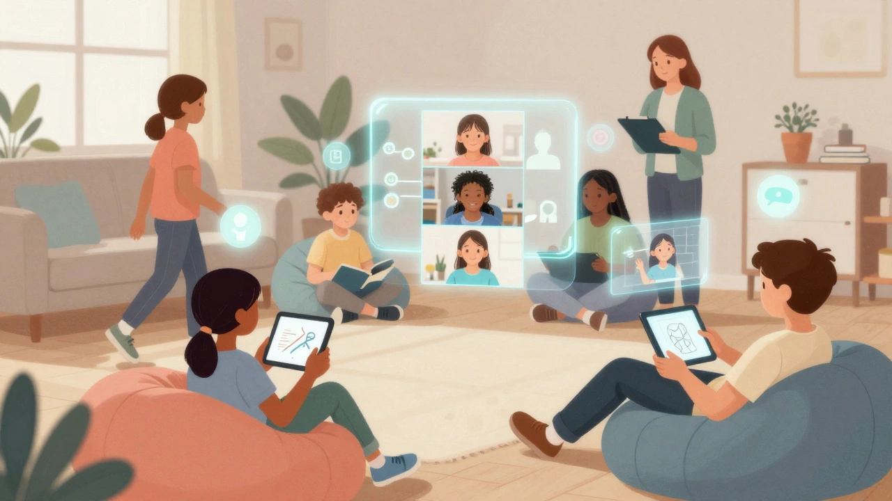 Children in different home environments connected virtually through glowing icons during a small-group session.