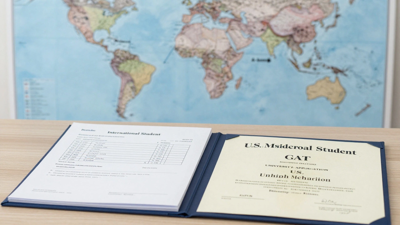 College admissions folder showing GCSE transcripts and SAT scores beside a U.S. high school diploma.