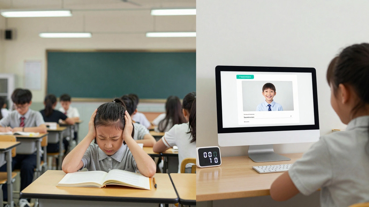 Contrasting chaotic classroom versus calm online learning space showing the same child in both settings.