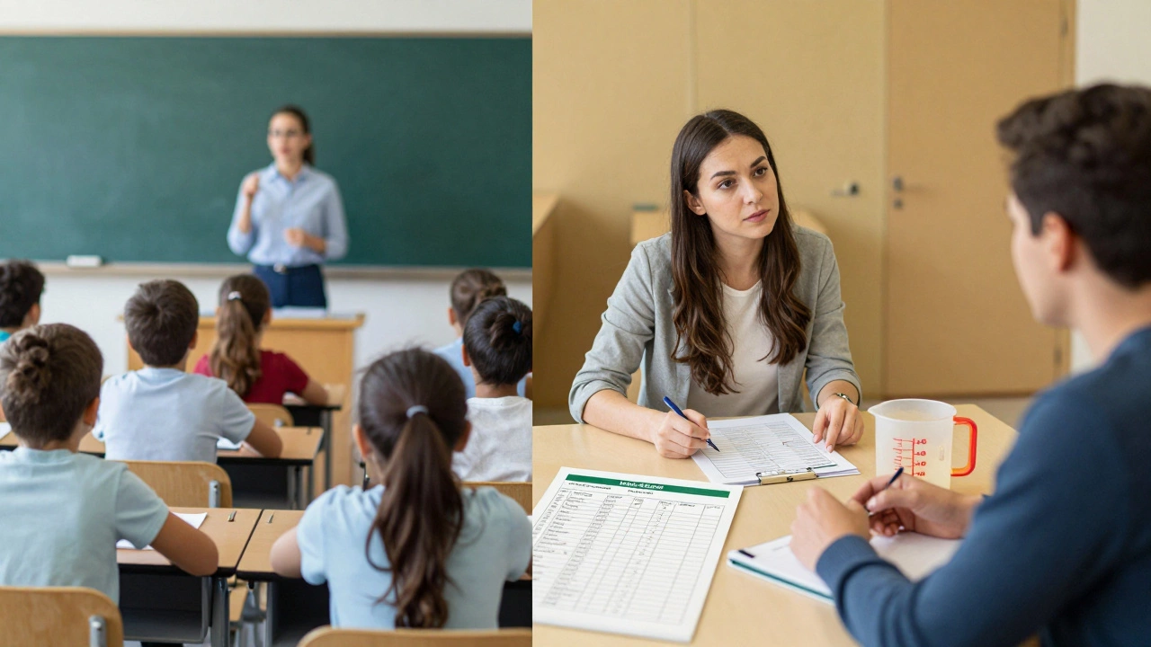 Contrasting scene: children in a traditional classroom versus adults in a practical learning workshop.