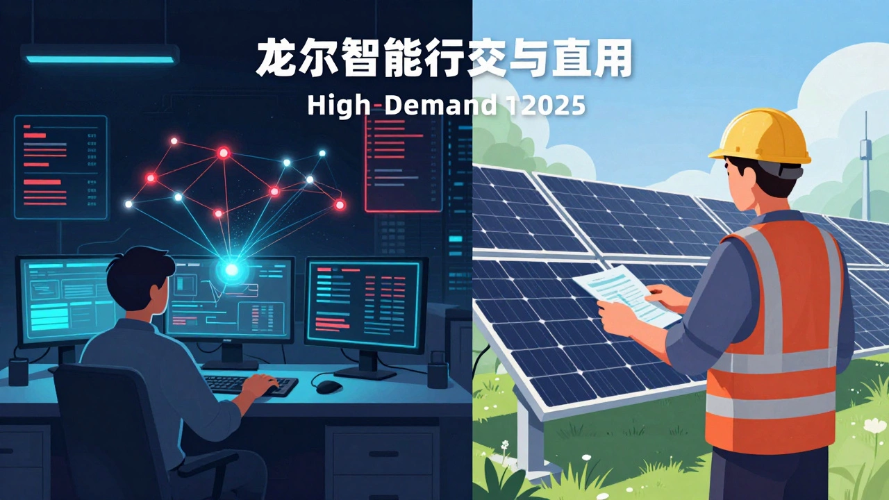 Cybersecurity analyst and renewable energy engineer in contrasting work environments