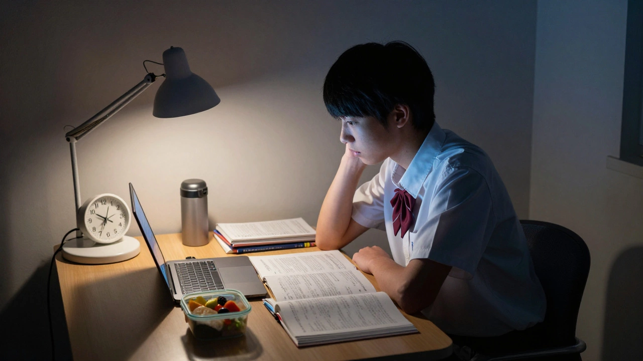 Japanese student studying late at night with textbooks and a glowing laptop.