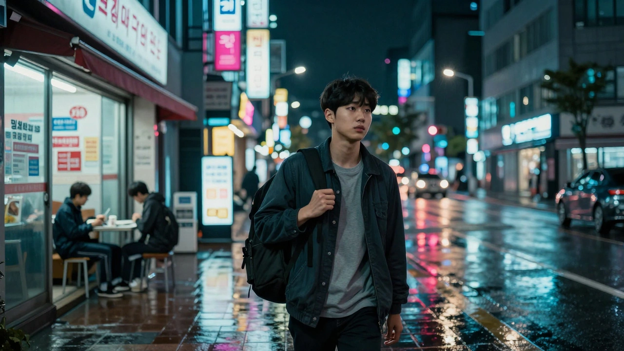 South Korean student walking home under neon lights after long hours of study.