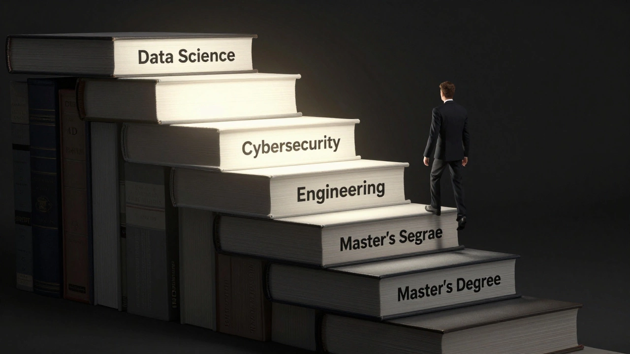Staircase of degrees with only top three lit, symbolizing high-value master's programs