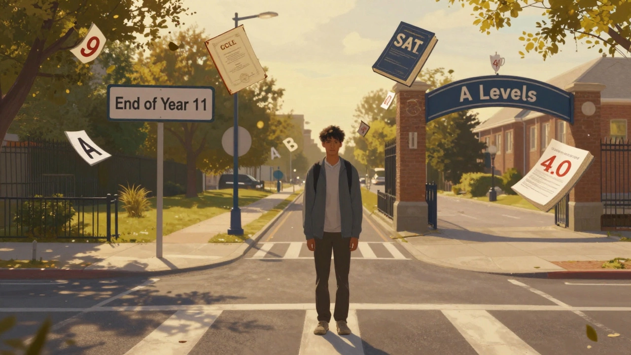 Student at crossroads between UK GCSEs and U.S. college path with floating grade symbols.