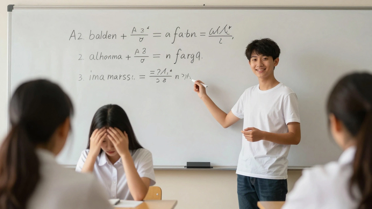 Student confidently teaching peers, with a ghostly image of their past struggling self in the background.