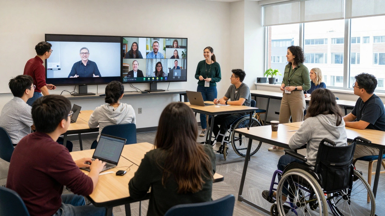 Students learn together in a hybrid classroom with both in-person and remote participants.