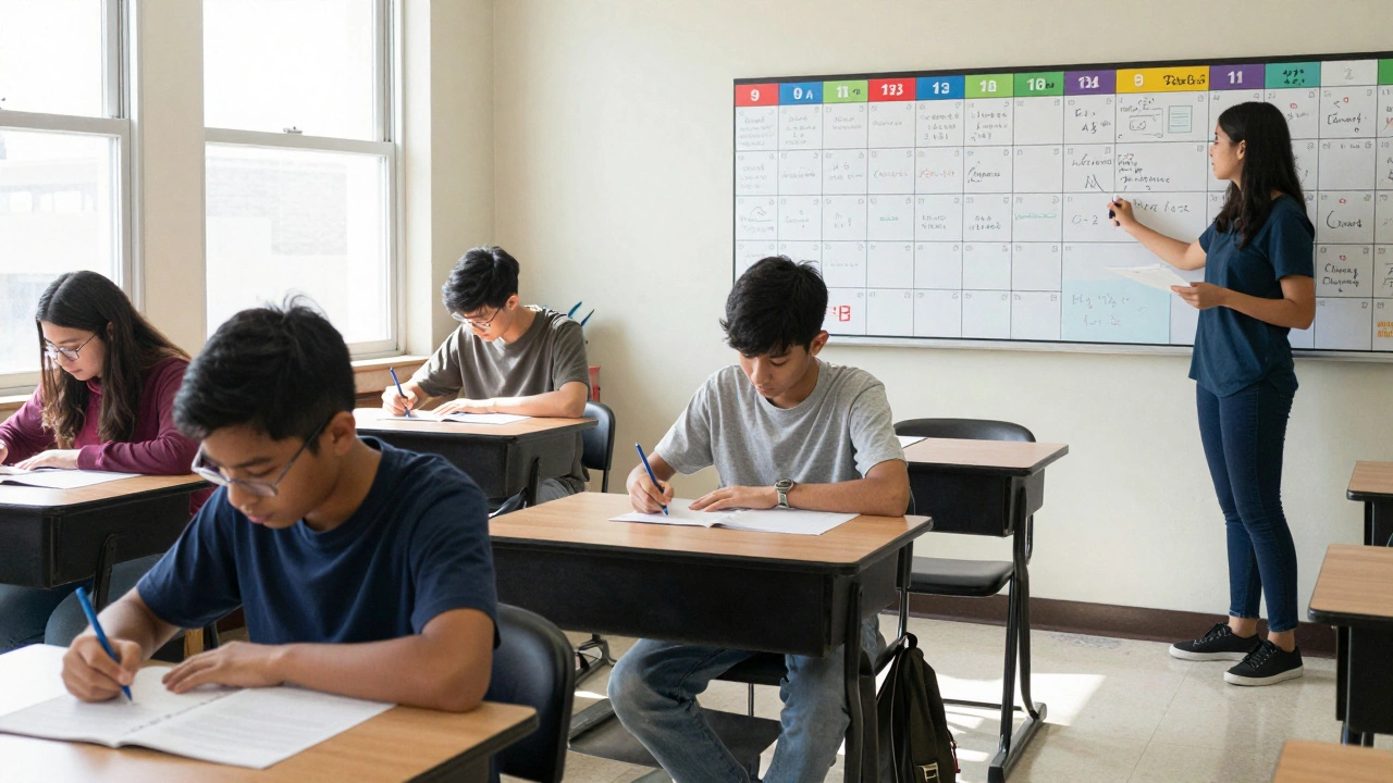 U.S. high school students working on different subject assessments throughout grades 9 to 12.