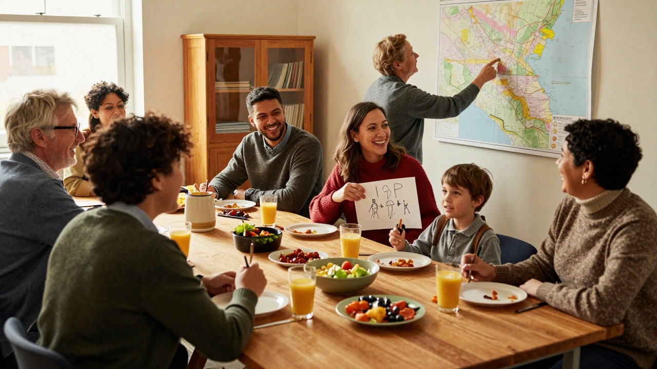 A diverse group of adults laughing together after an English class in a community hall.