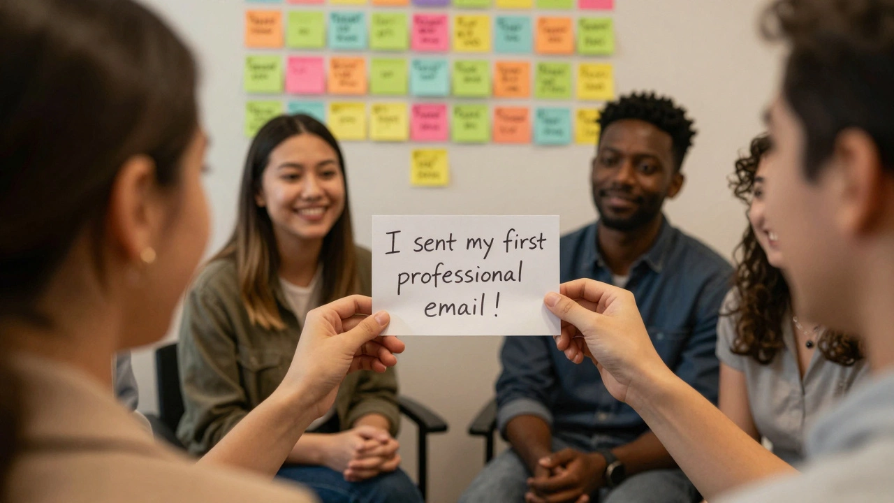 A learner holding a note celebrating their first professional email, surrounded by achievement stickers.