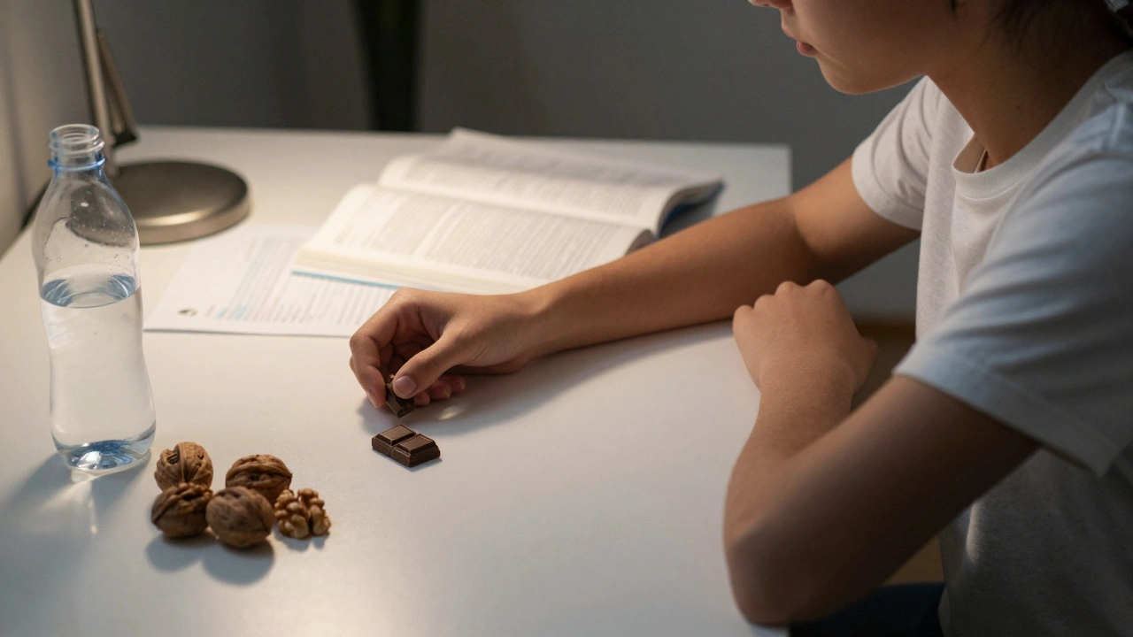 A student studying at a desk with dark chocolate and walnuts nearby, lit by morning light.