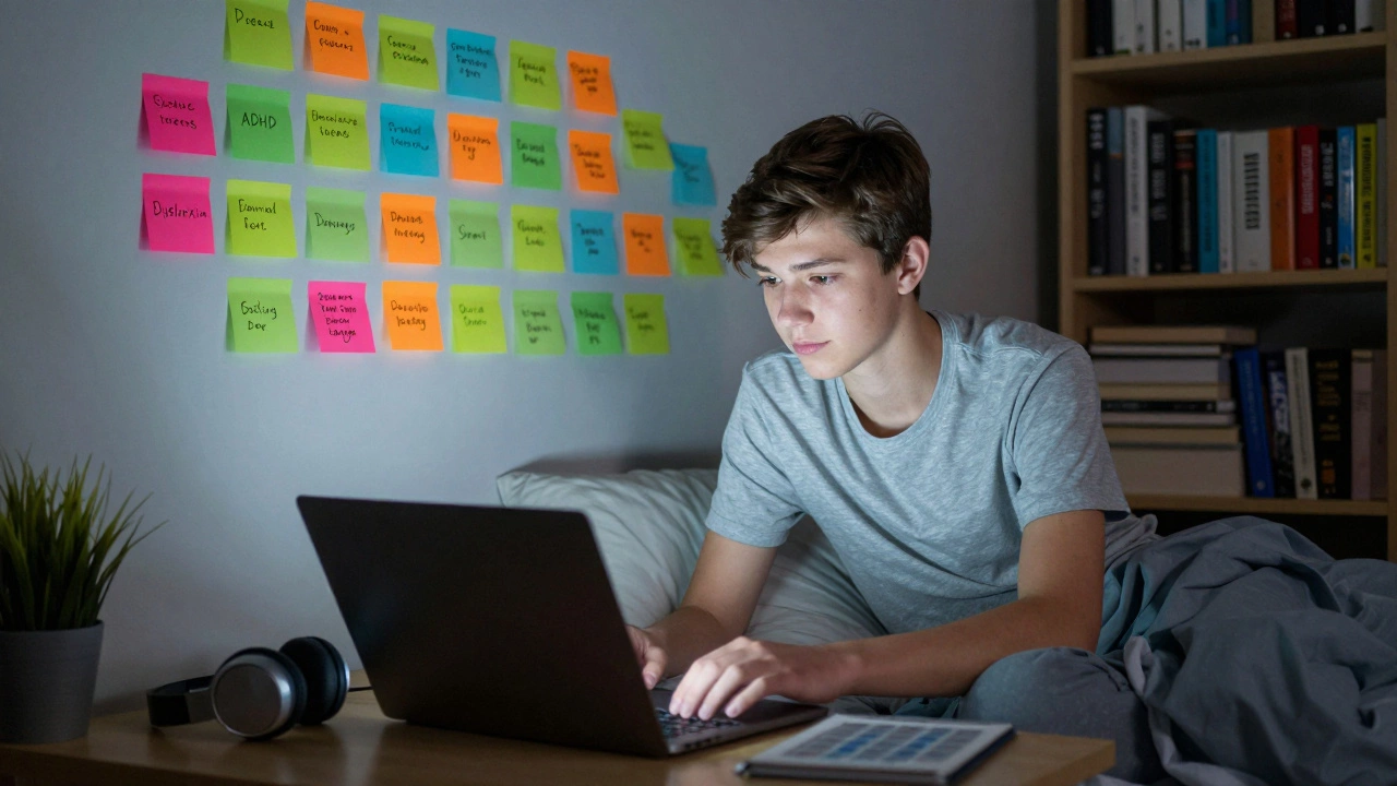 A teenager using organizational tools like sticky notes and a digital calendar in their bedroom.