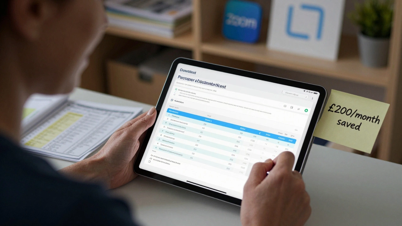 A woman filling out a digital budget template with real financial documents nearby.