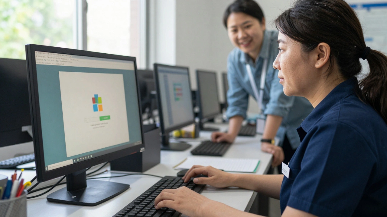 A woman in a uniform using a computer in an adult education lab with a tutor nearby.