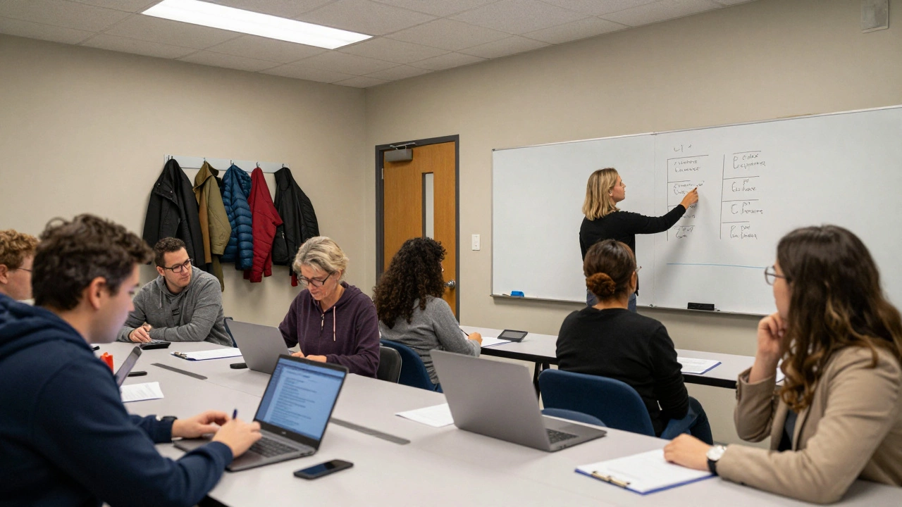 Adults in a nighttime community class practicing digital and job skills together.