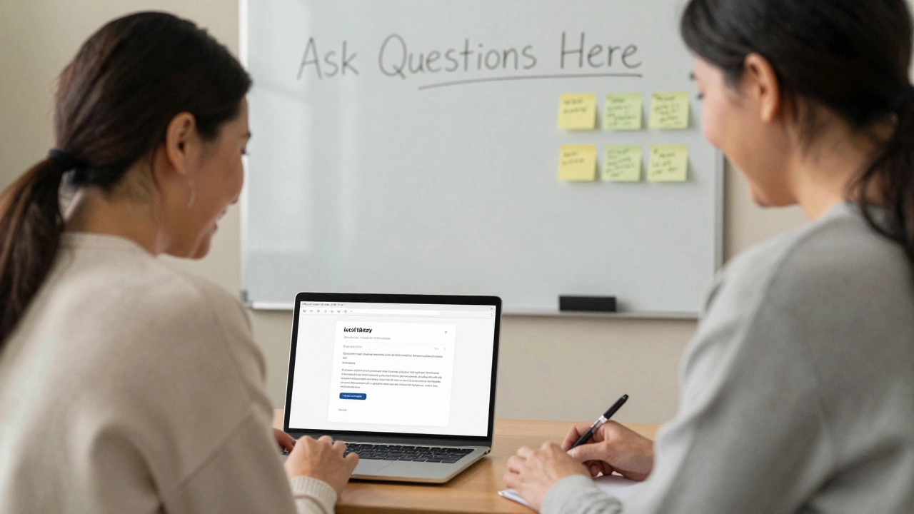 An adult sending their first email with instructor support in a warm learning space.