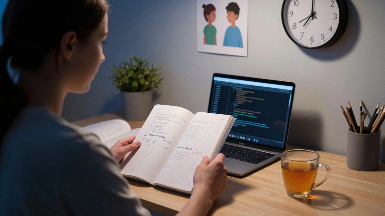 An adult studying late at night with a laptop, checklist, and family photo nearby.