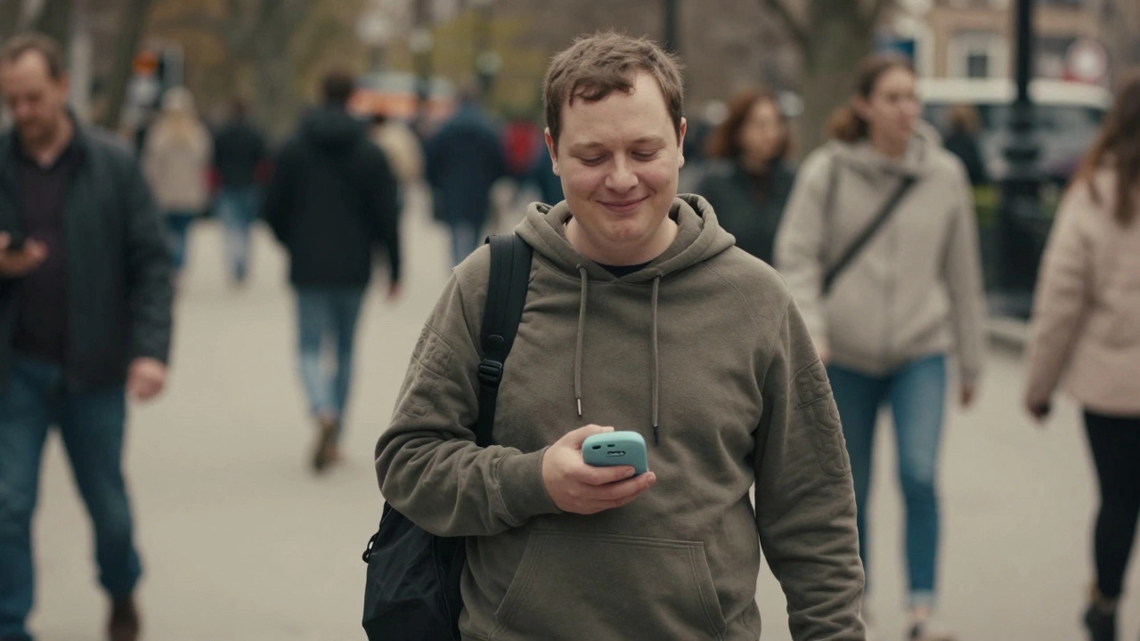 An adult with autism walking peacefully through a park, holding an AAC device, unnoticed by others.