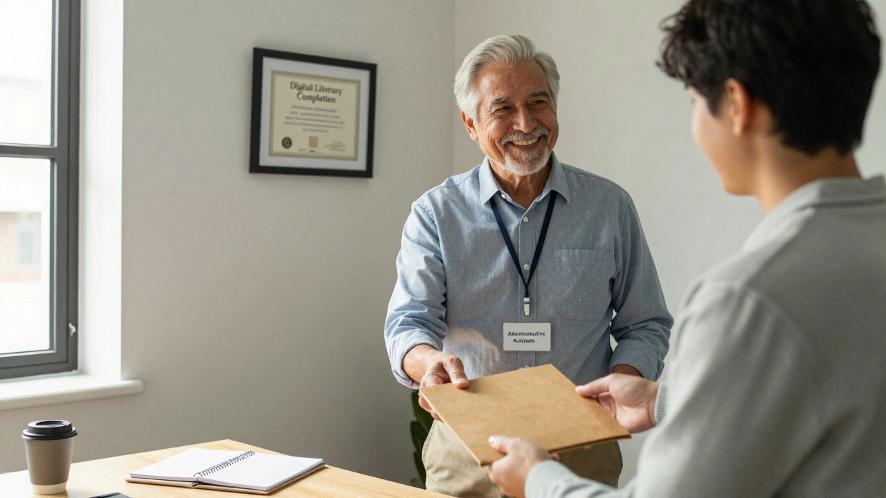 An older man in a new office job, holding a folder, with a course certificate on the wall.