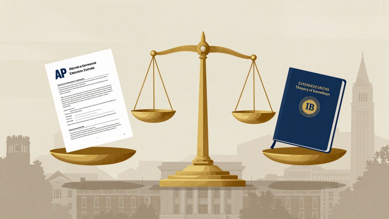 Balanced scale with AP and IB academic components above Ivy League campus silhouettes.