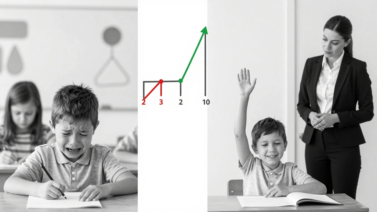 Before and after: a child crying over a test versus confidently raising their hand in class.