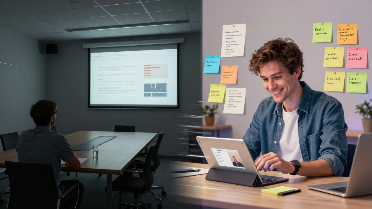 Contrasting scenes of disengaged lecture vs. empowered self-directed learning.