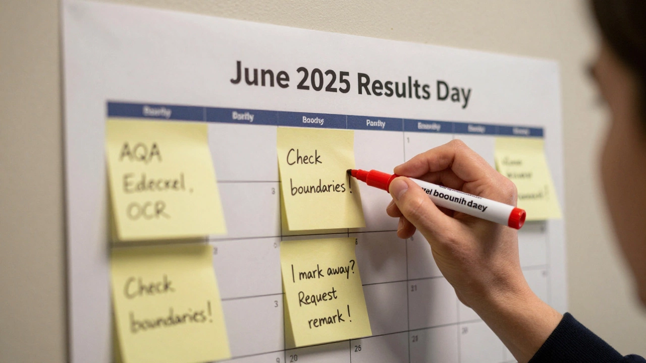 Hand placing marker on calendar for 2025 results day with exam board sticky notes.