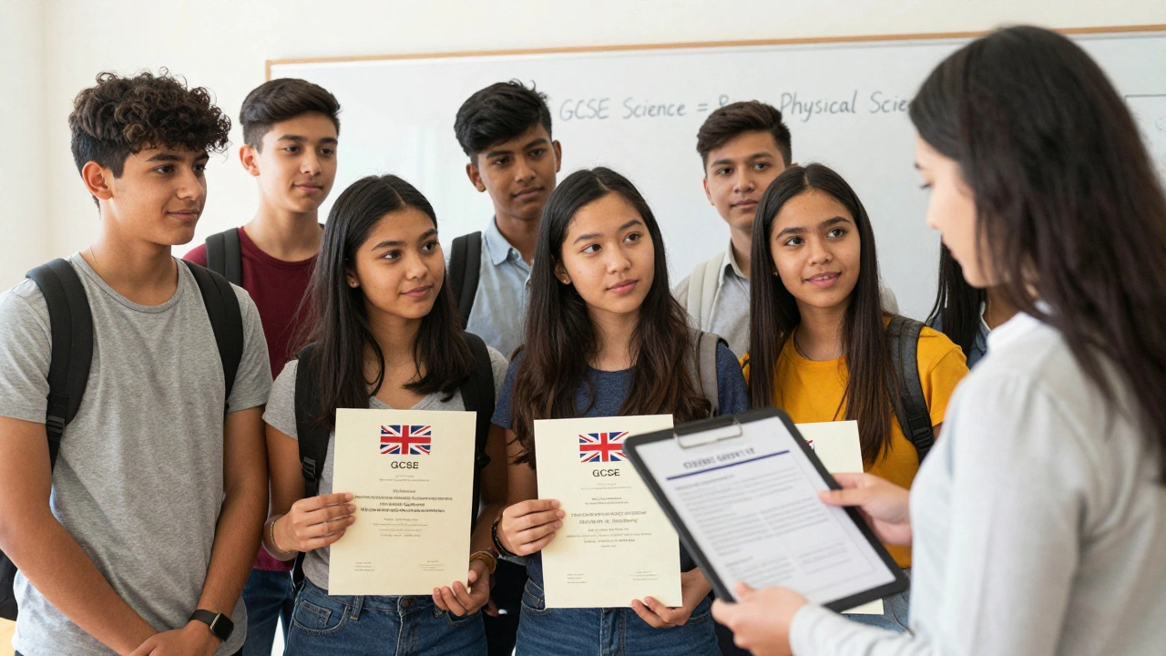 International student and counselor reviewing GCSE certificate against a U.S. transcript.