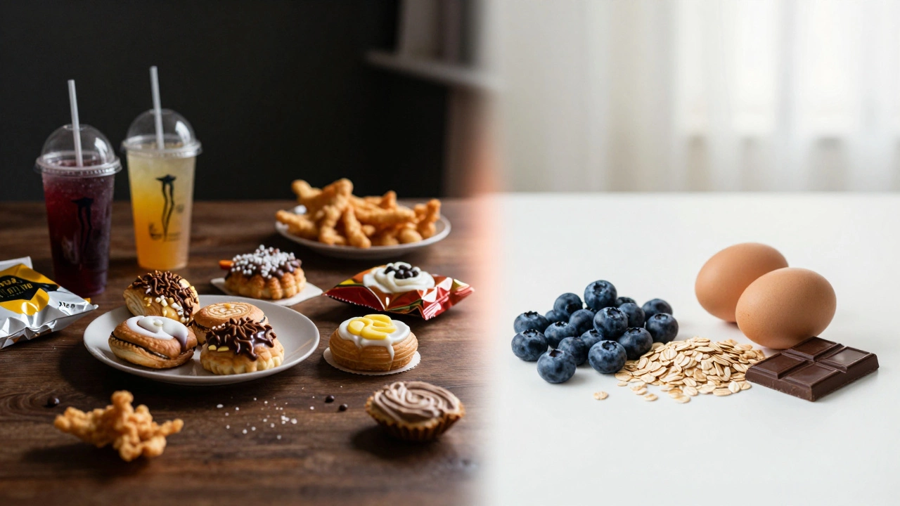 Split image: chaotic junk food vs. healthy brain foods, symbolizing exam prep choices.