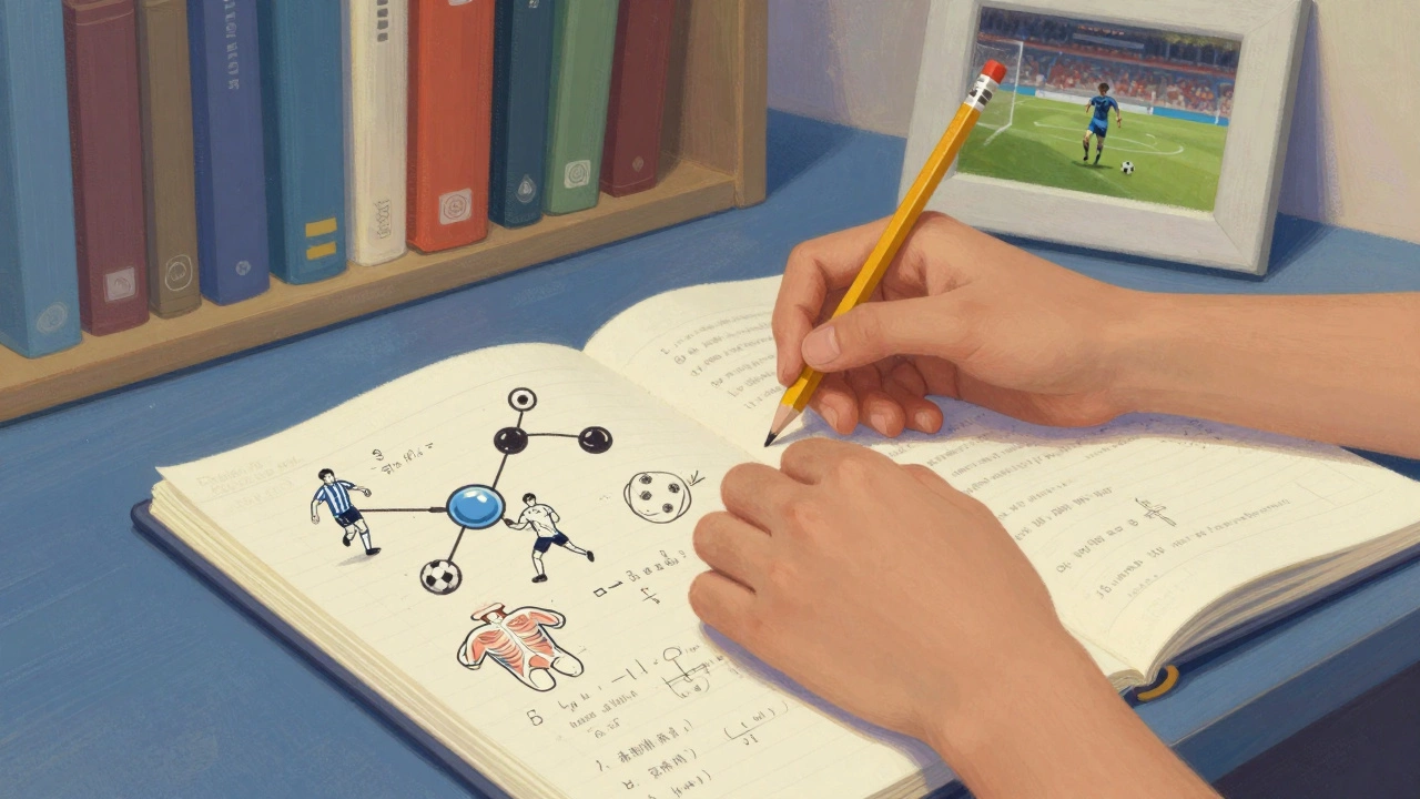 Student's hands hesitating over a math worksheet with soccer and biology diagrams nearby.