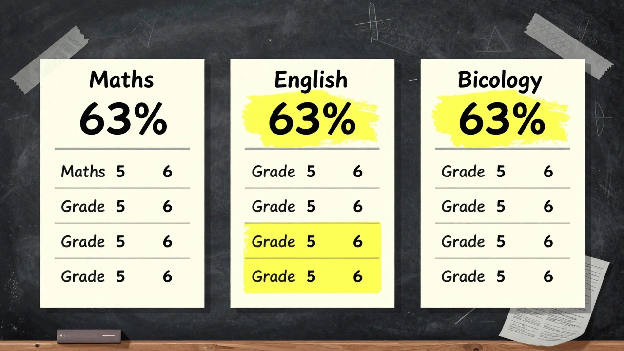 Three GCSE subjects with 63% marked between grade 5 and 6 on separate boundary tables.