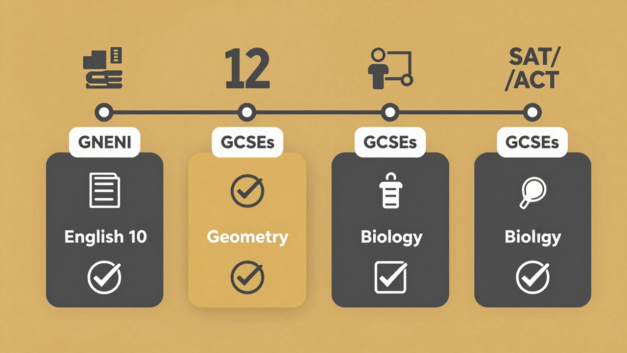 Timeline showing U.S. high school years with 10th grade highlighted as equivalent to GCSEs.
