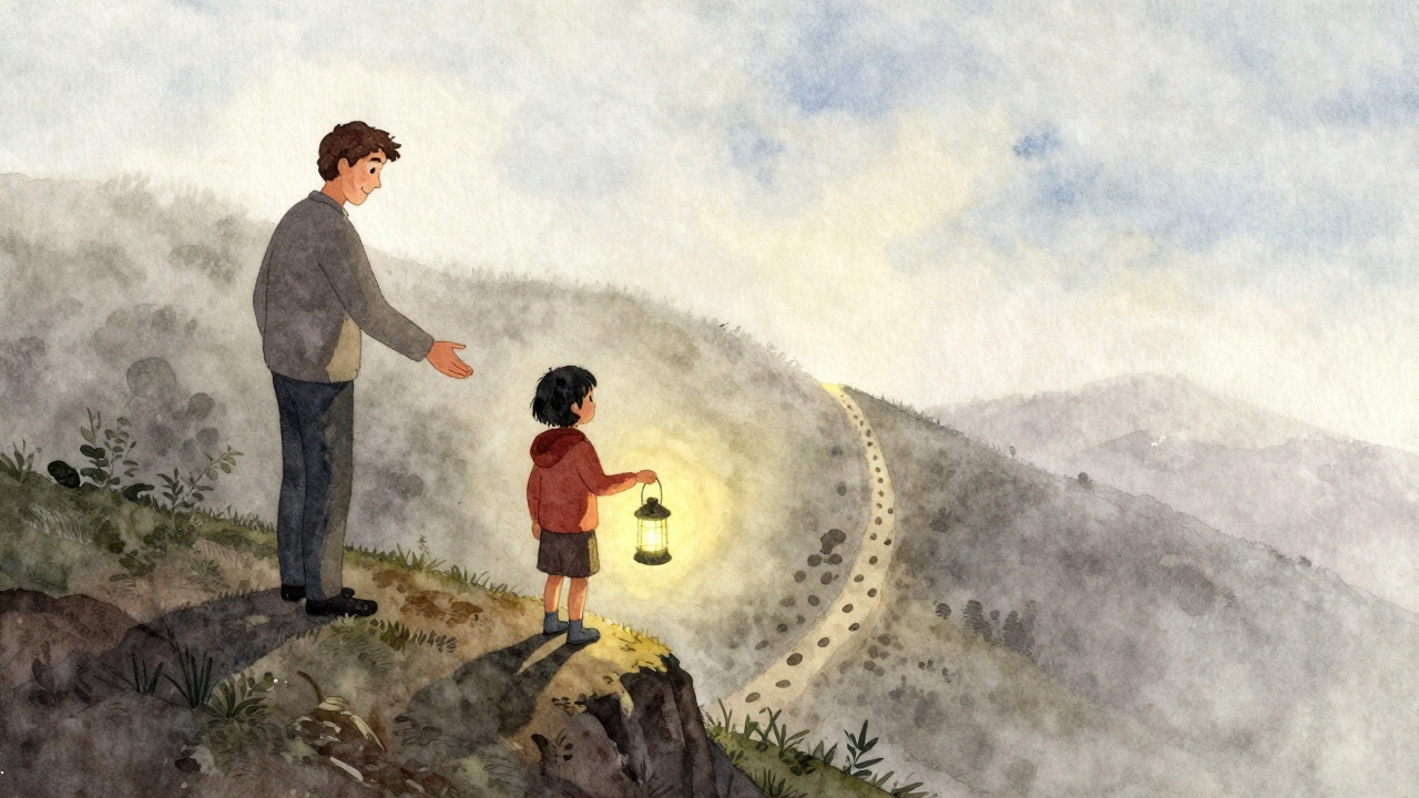 A child holding a lantern on a foggy hill, with a tutor offering quiet support—symbolizing trust in learning.