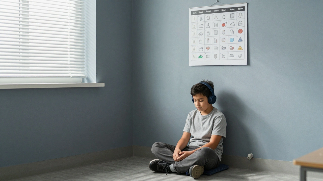 A child with autism in a quiet classroom corner wearing noise-canceling headphones, with a visual schedule on the wall.