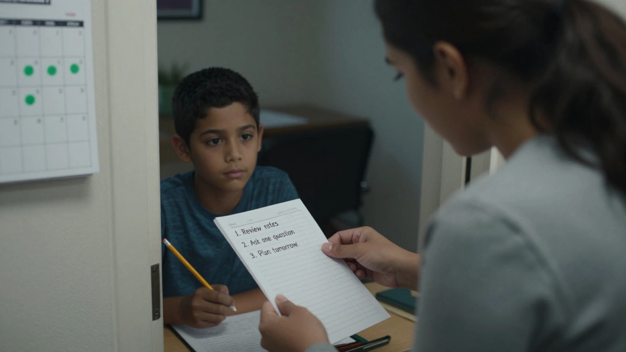A parent watches quietly as their child uses a checklist to build independent study habits.