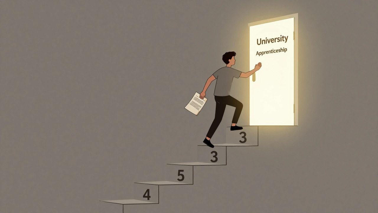 A person climbs a staircase of GCSE grades from 3 to 5, reaching toward a door labeled 'University'.