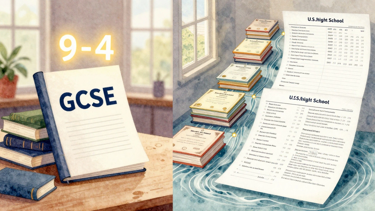 A symbolic comparison between a single GCSE exam and a U.S. high school transcript spanning four years.