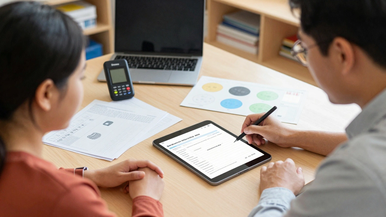 A teacher, parent, and therapist reviewing an educational support plan together using a tablet in a school resource room.
