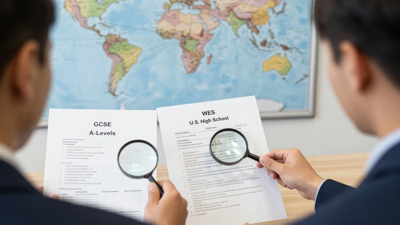 A U.S. college admissions officer reviewing international and domestic student records side by side.